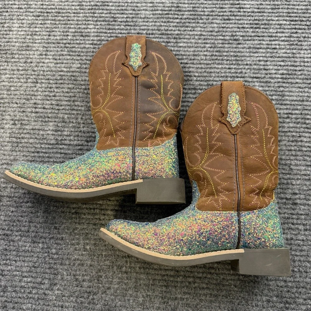 Shyanne Cowboy Boots Girls‎ Youth Size 1D Teal Glitter Inlay Western Square Toe